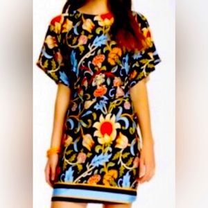 BCBGMAXAZRIA Woodblock Navy Folk Art Floral Dress Tie Waist Peplum Sheath Dress